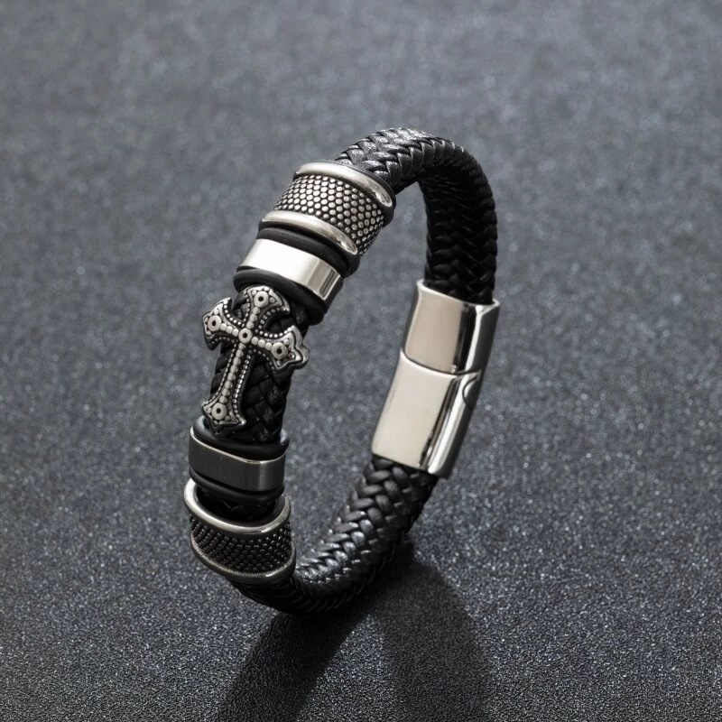 Hip Hop Cruzar Cuero Sintético Aleación Tejido De Punto Hombres Pulsera display picture 7