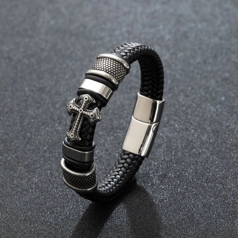 Hip-hop Cross Pu Leather Alloy Knitting Men's Wristband display picture 7