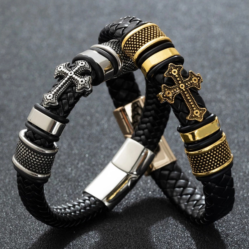 Hip-hop Cross Pu Leather Alloy Knitting Men's Wristband display picture 2