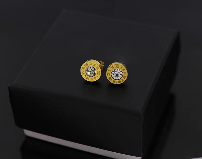1 Pair Simple Style Round Number Inlay Titanium Steel Glass Ear Studs display picture 4