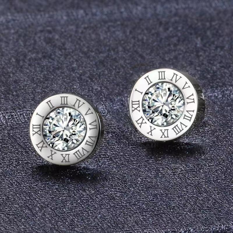 1 Pair Simple Style Round Number Inlay Titanium Steel Glass Ear Studs display picture 5