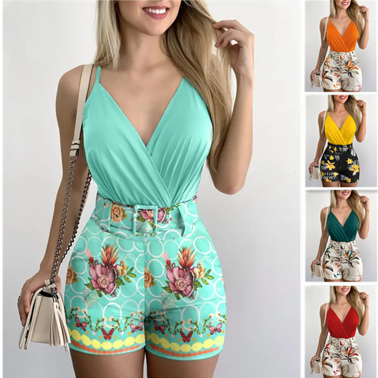 Women's Casual Sexy Plant Flower Chiffon Printing Belt Shorts Sets display picture 1