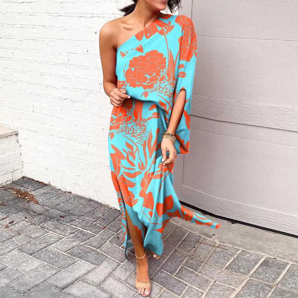 Women's Slit Dress Basic Bohemian Oblique Collar Printing Slit Long Sleeve Flower Maxi Long Dress Casual Daily display picture 1