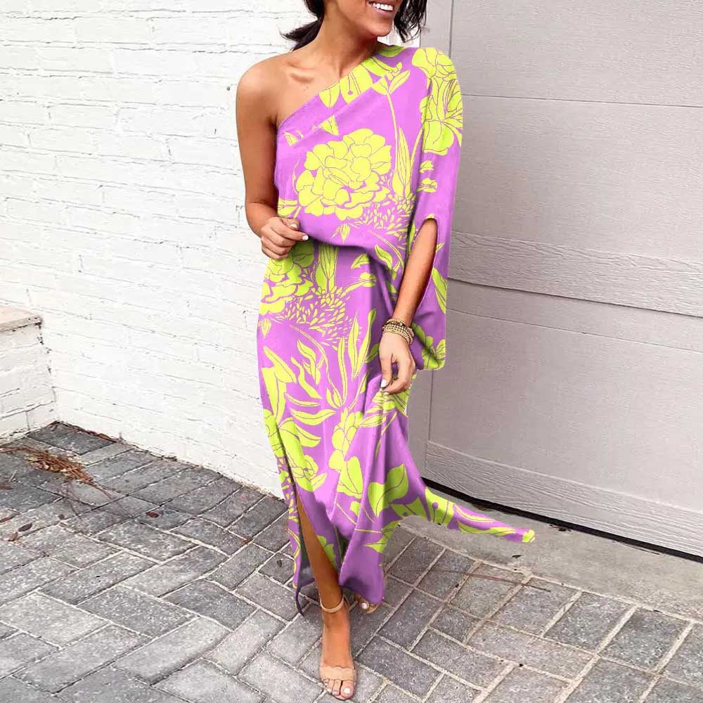 Women's Slit Dress Basic Bohemian Oblique Collar Printing Slit Long Sleeve Flower Maxi Long Dress Casual Daily display picture 2