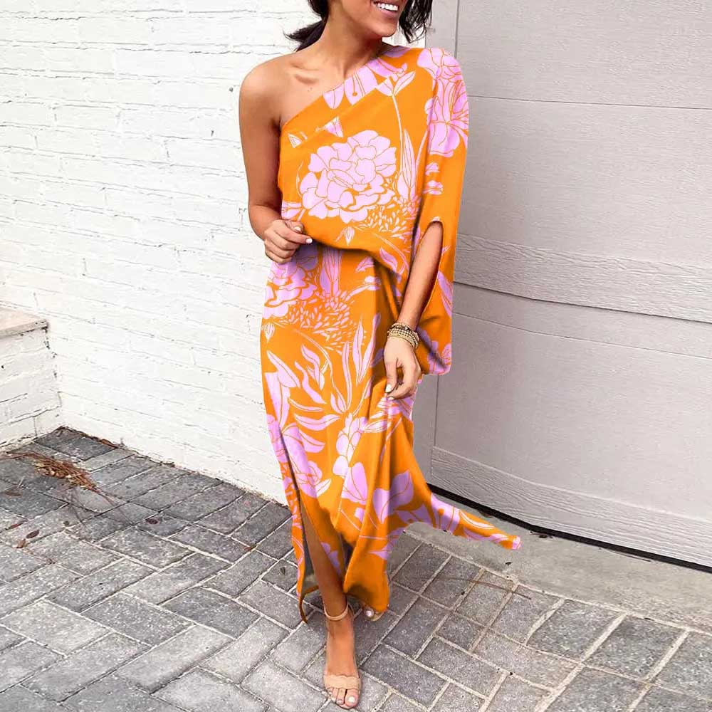 Women's Slit Dress Basic Bohemian Oblique Collar Printing Slit Long Sleeve Flower Maxi Long Dress Casual Daily display picture 5