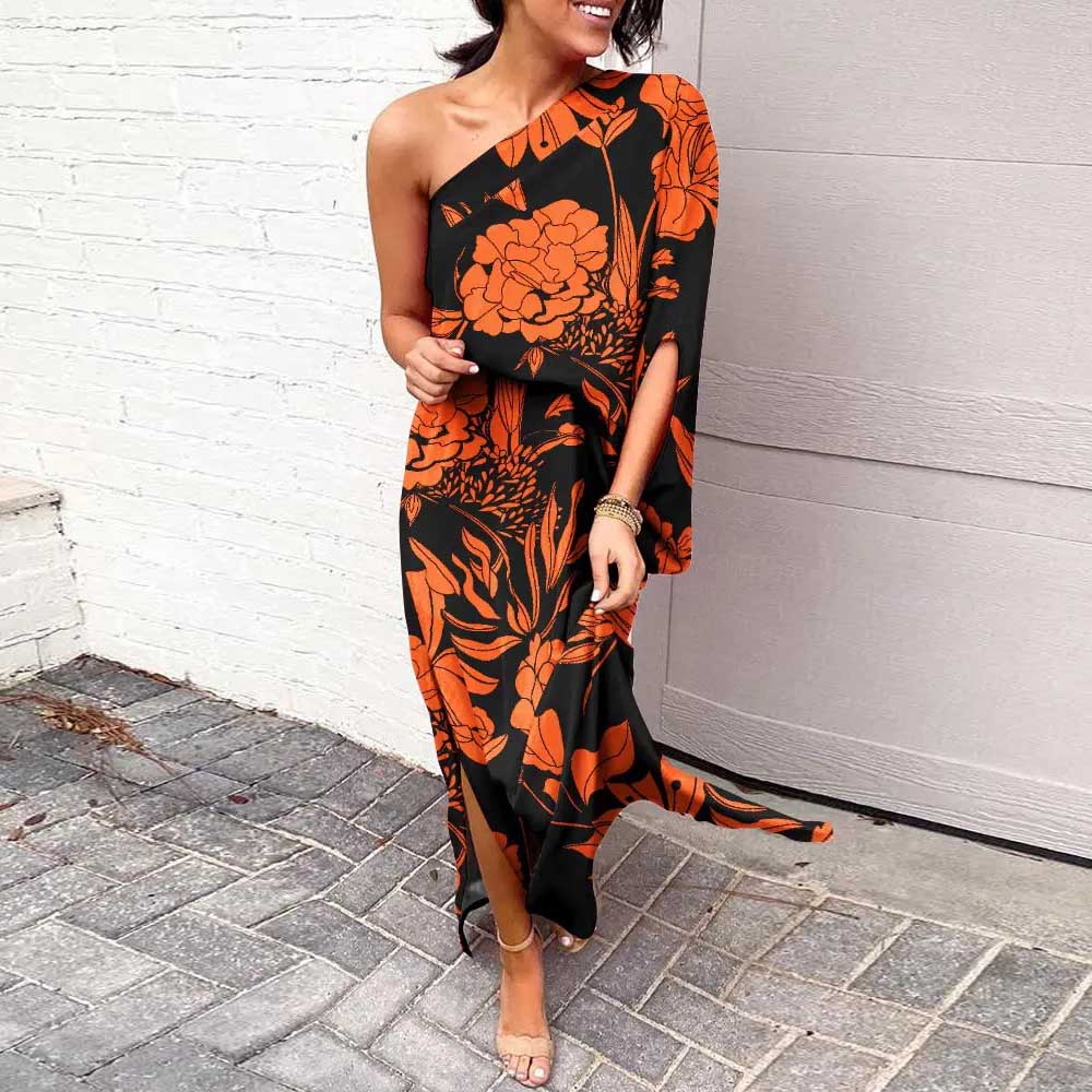 Women's Slit Dress Basic Bohemian Oblique Collar Printing Slit Long Sleeve Flower Maxi Long Dress Casual Daily display picture 4