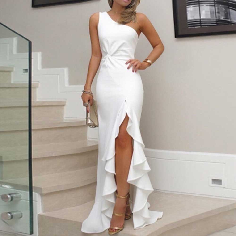 Women's Sheath Dress Elegant Sexy Formal Oblique Collar Thigh Slit Ruffle Hem Pleated Sleeveless Solid Color Maxi Long Dress Banquet Party Cocktail Party display picture 1