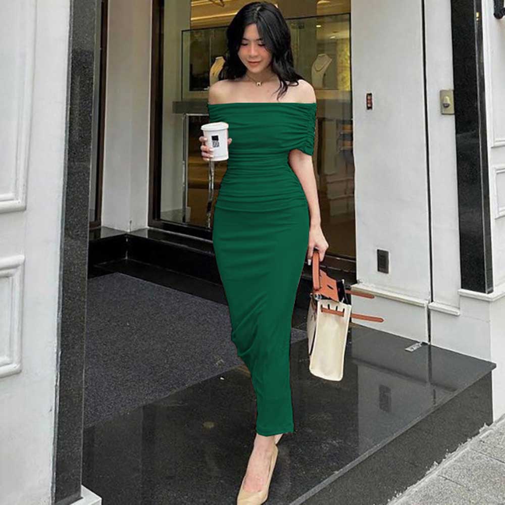 Women's Sheath Dress Elegant Sexy Off Shoulder Ruched Short Sleeve Solid Color Maxi Long Dress Banquet Party Date display picture 2