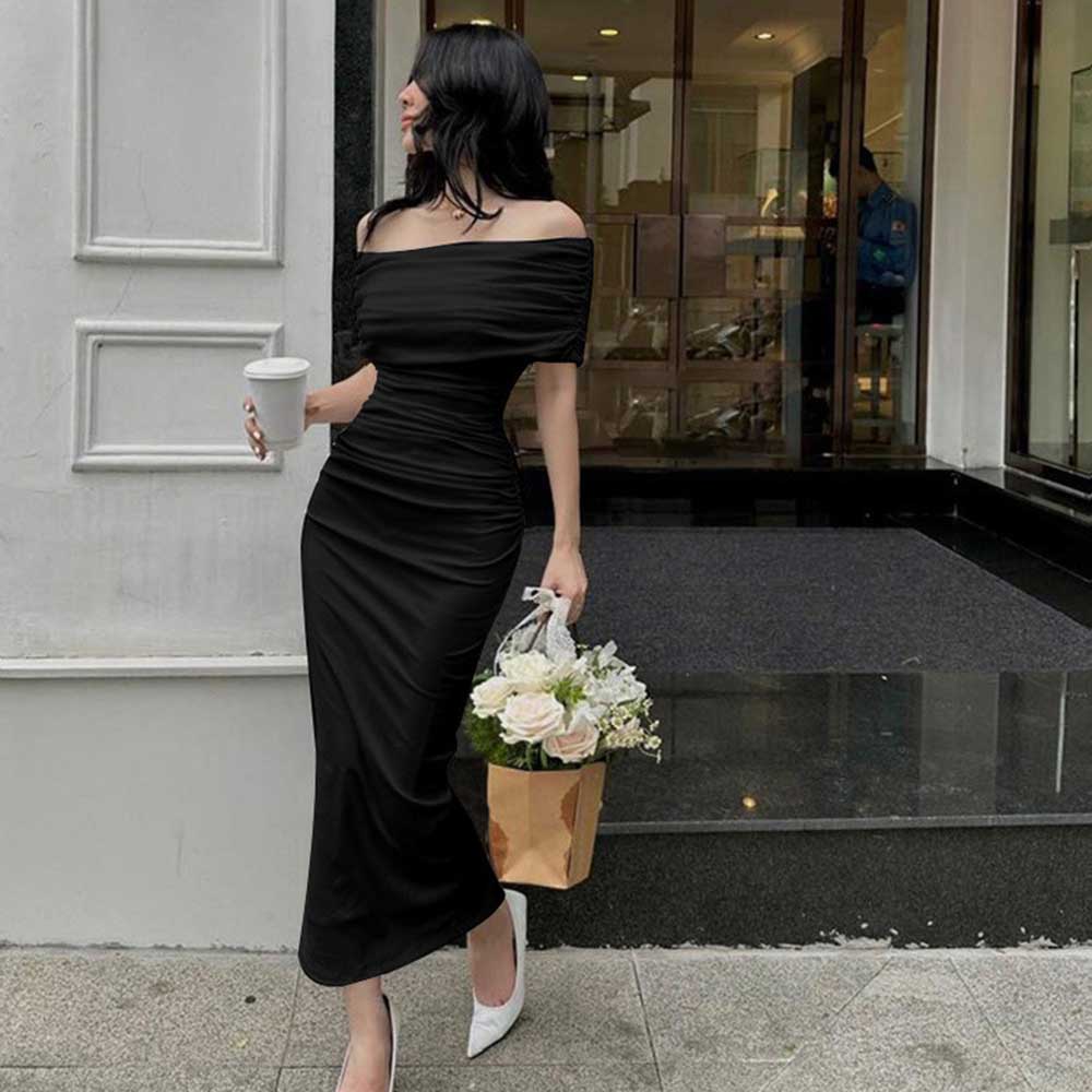 Women's Sheath Dress Elegant Sexy Off Shoulder Ruched Short Sleeve Solid Color Maxi Long Dress Banquet Party Date display picture 6