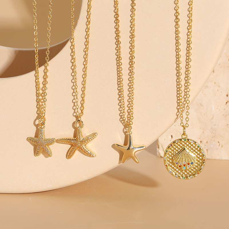 Beach Starfish Shell Copper Inlay Zircon 14k Gold Plated Pendant Necklace display picture 1