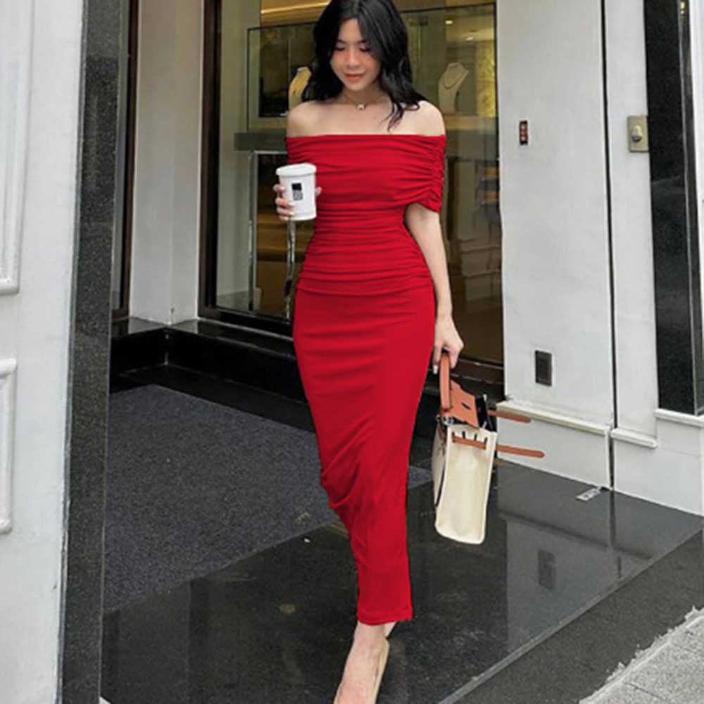 Women's Sheath Dress Elegant Sexy Off Shoulder Ruched Short Sleeve Solid Color Maxi Long Dress Banquet Party Date display picture 8