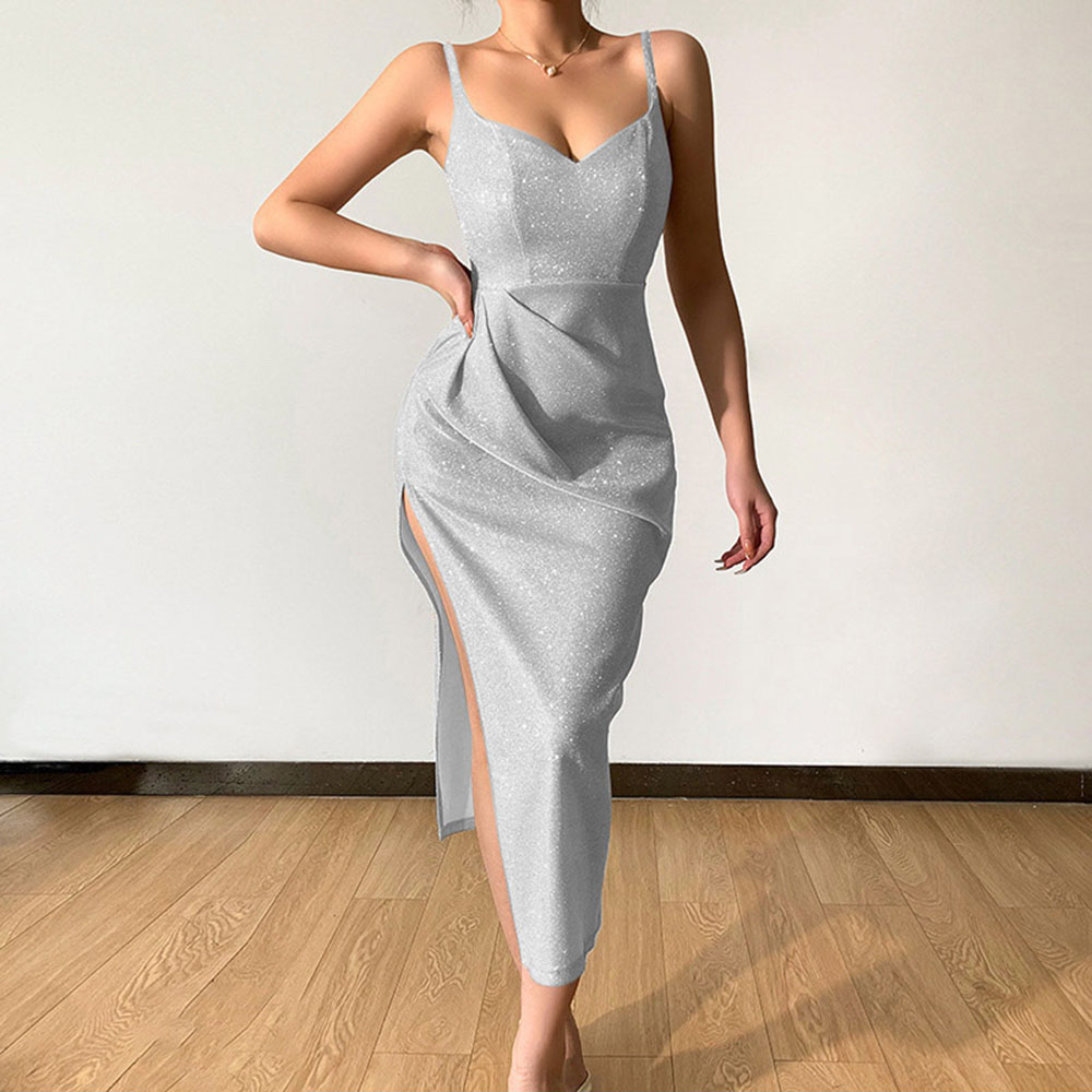 Women's Sheath Dress Strap Dress Slit Dress Basic Sexy Collarless Slit Ruched Sleeveless Solid Color Midi Dress Daily Party Date display picture 3