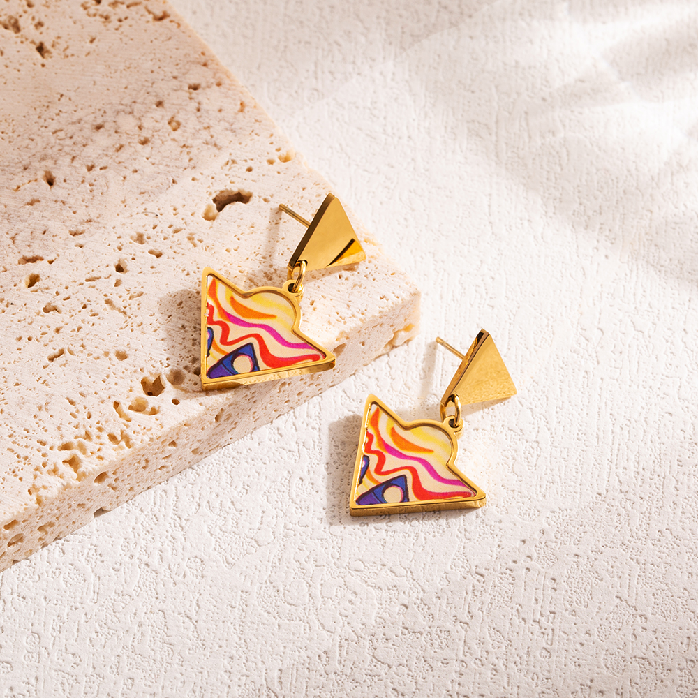 1 Pair Artistic Triangle Clouds Devil's Eye Enamel Stainless Steel Shell 18k Gold Plated Drop Earrings display picture 2