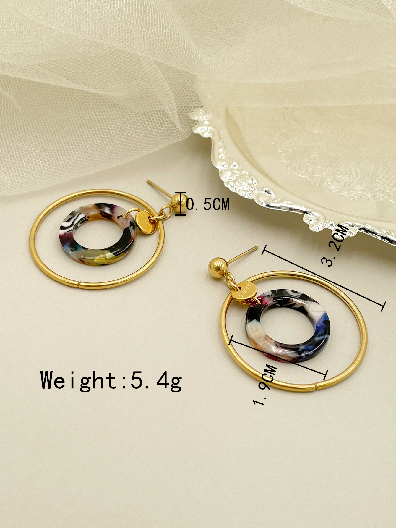 1 Pair Modern Style Round Plating 304 Stainless Steel Arylic 14K Gold Plated Drop Earrings display picture 4