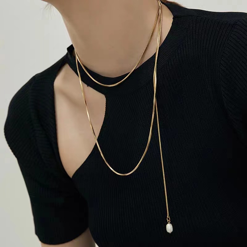 304 Stainless Steel 18K Gold Plated Simple Style Inlay Geometric Sweater Chain Long Necklace display picture 4