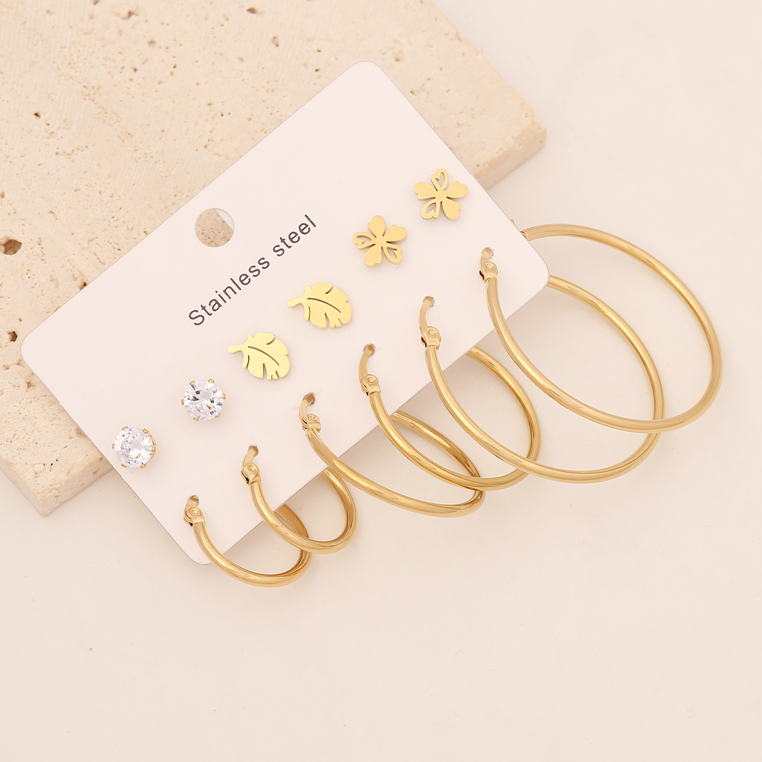 6 Pairs Simple Style Commute Star Heart Shape Butterfly Inlay Stainless Steel Zircon 18K Gold Plated Earrings display picture 2
