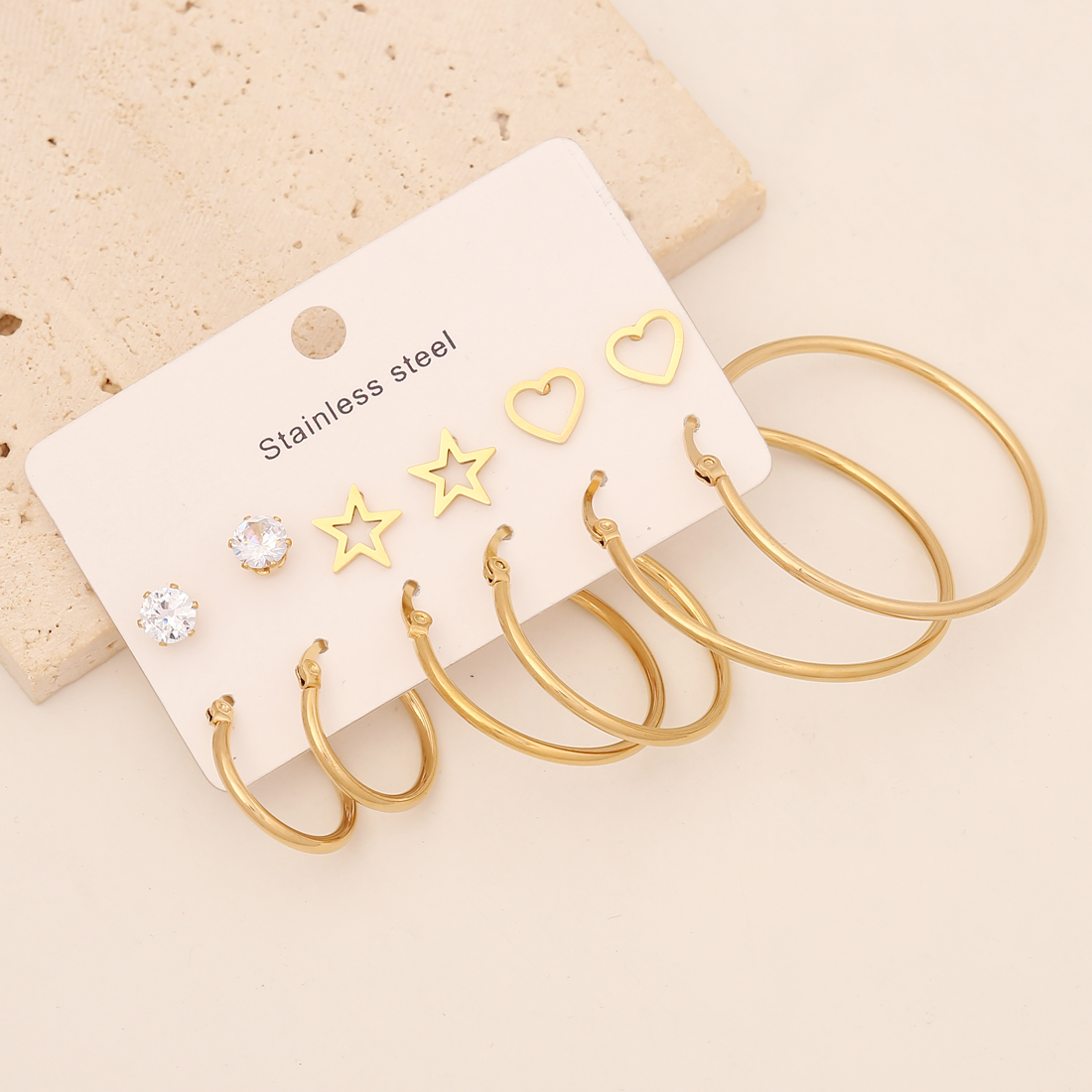 6 Pairs Simple Style Commute Star Heart Shape Butterfly Inlay Stainless Steel Zircon 18K Gold Plated Earrings display picture 5