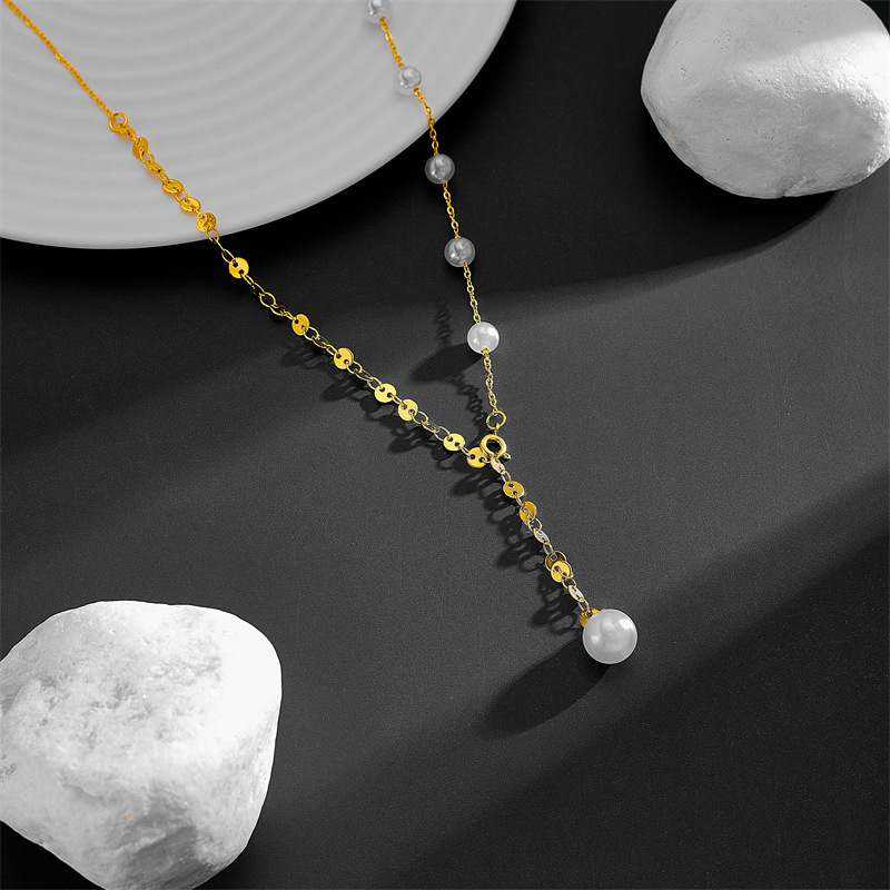 Imitation Pearl Titanium Steel 18K Gold Plated Simple Style Tassel Pendant Necklace display picture 3