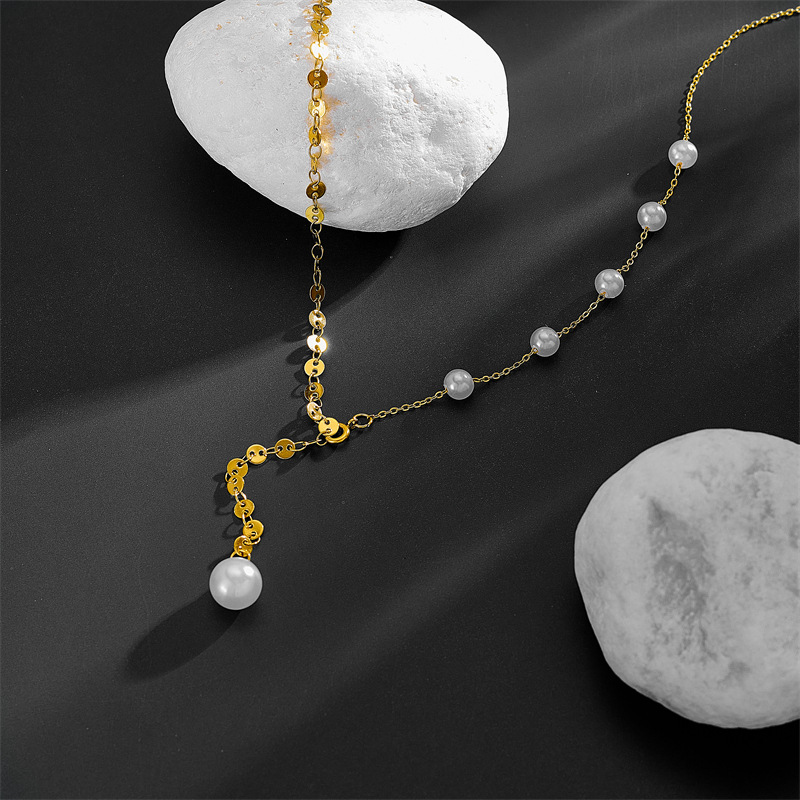 Imitation Pearl Titanium Steel 18K Gold Plated Simple Style Tassel Pendant Necklace display picture 2