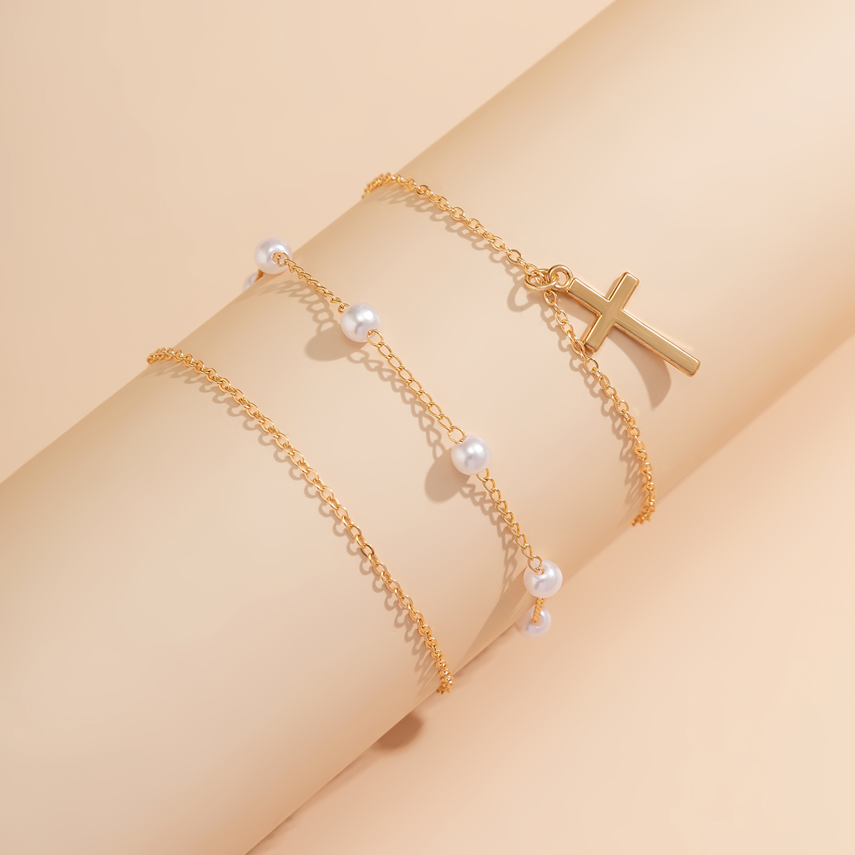 Simple Style Classic Style Commute Cross Round Imitation Pearl Alloy Copper Women's Anklet display picture 4
