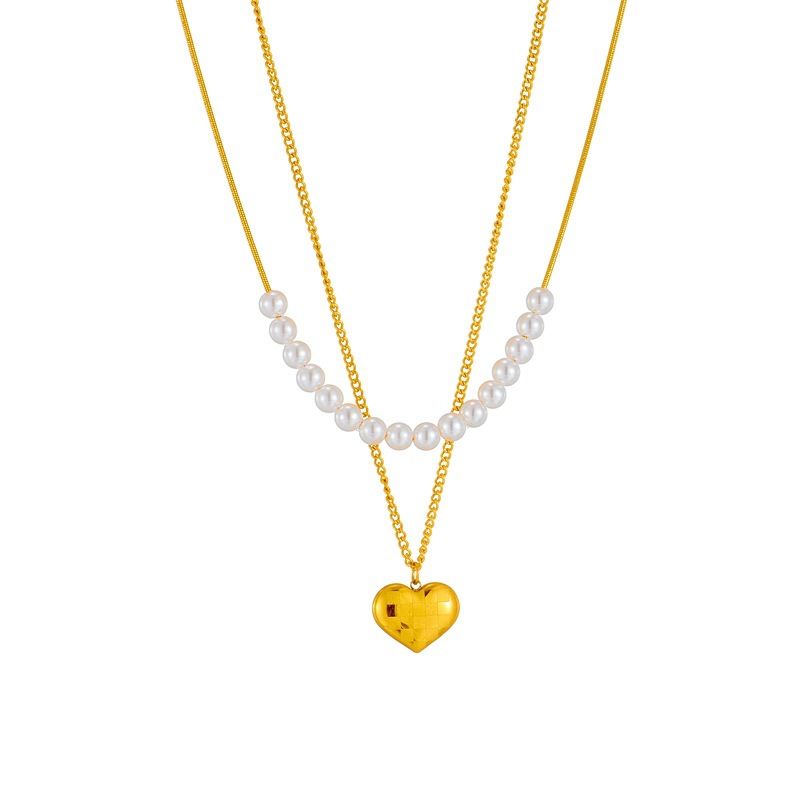 Imitation Pearl Titanium Steel 18K Gold Plated Elegant Sweet Heart Shape Layered Necklaces display picture 1