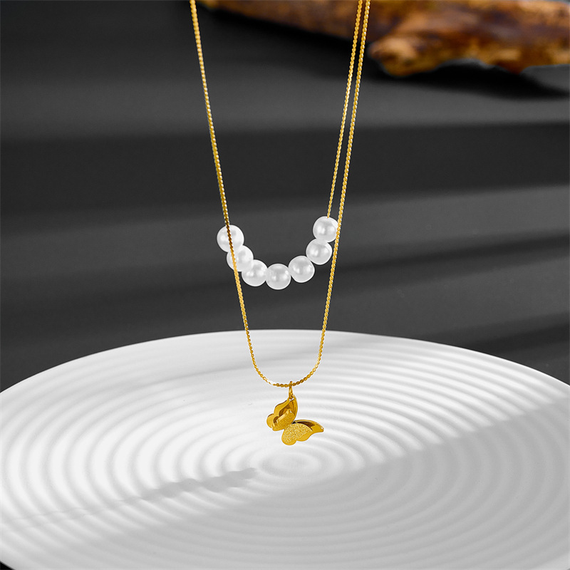 Imitation Pearl Titanium Steel 18K Gold Plated Basic Retro Butterfly Layered Necklaces display picture 2