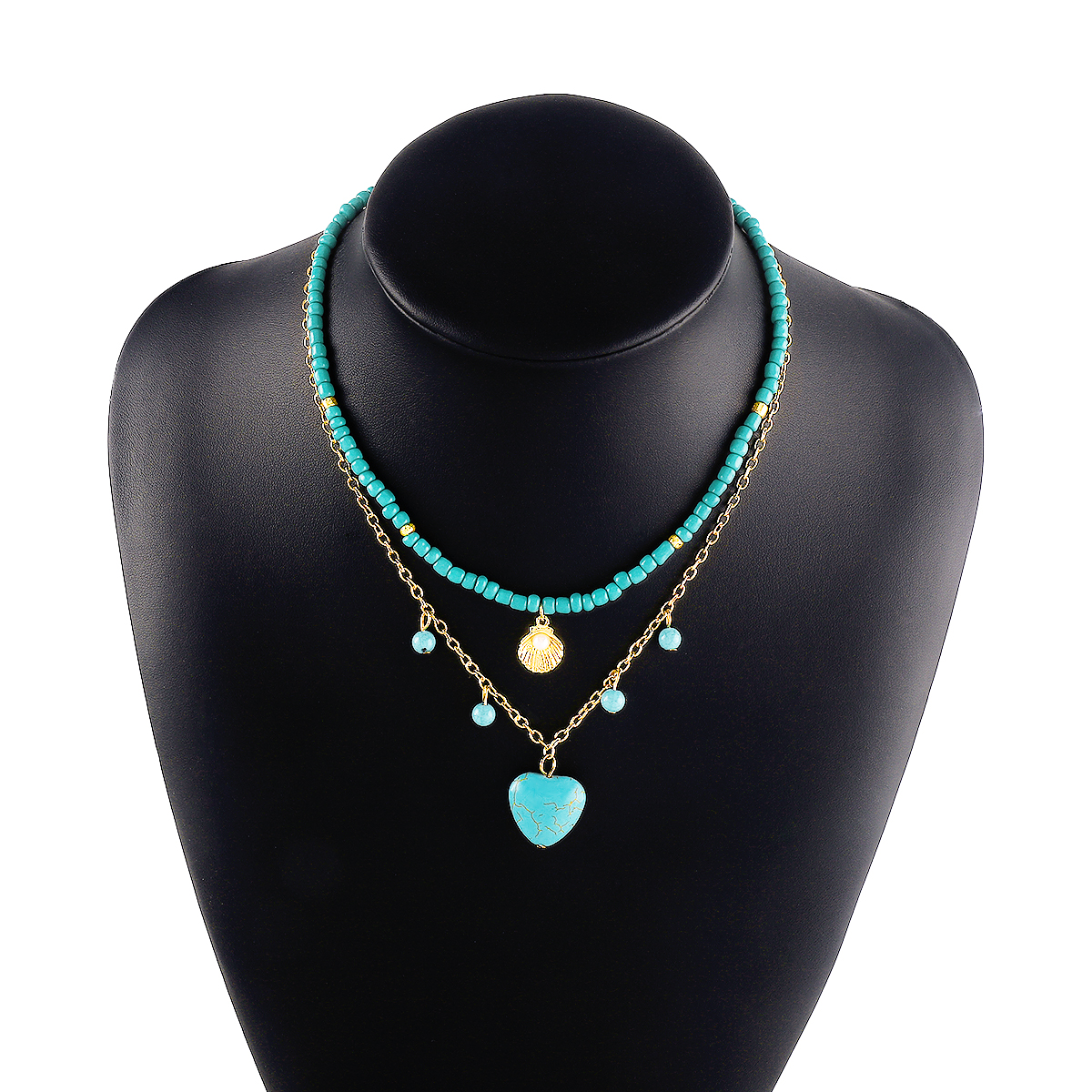 Elegant Vacation Bohemian Heart Shape Turquoise Beaded Inlay Layered Necklaces Pendant Necklace display picture 1