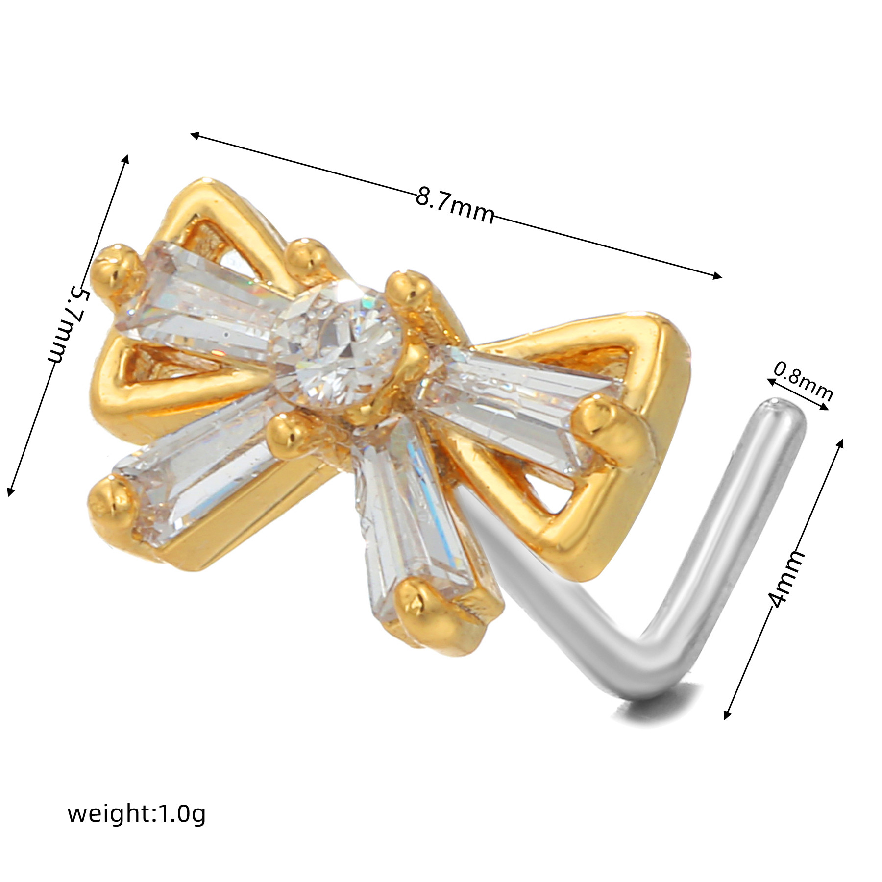 Streetwear Geometric Bow Knot Brass Plating Inlay Zircon 18k Gold Plated Nose Studs display picture 6