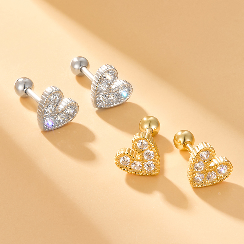 1 Pair Lady Simple Style Heart Shape Plating Inlay Sterling Silver Zircon 18k Gold Plated White Gold Plated Ear Studs display picture 2