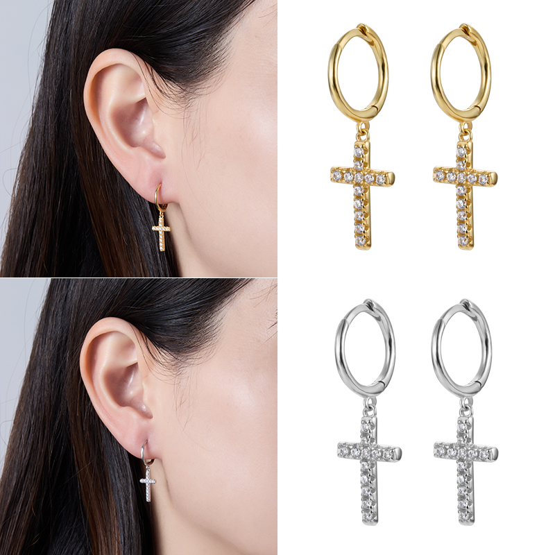 1 Pair Elegant Lady Cross Plating Inlay Sterling Silver Zircon 18k Gold Plated White Gold Plated Drop Earrings display picture 1