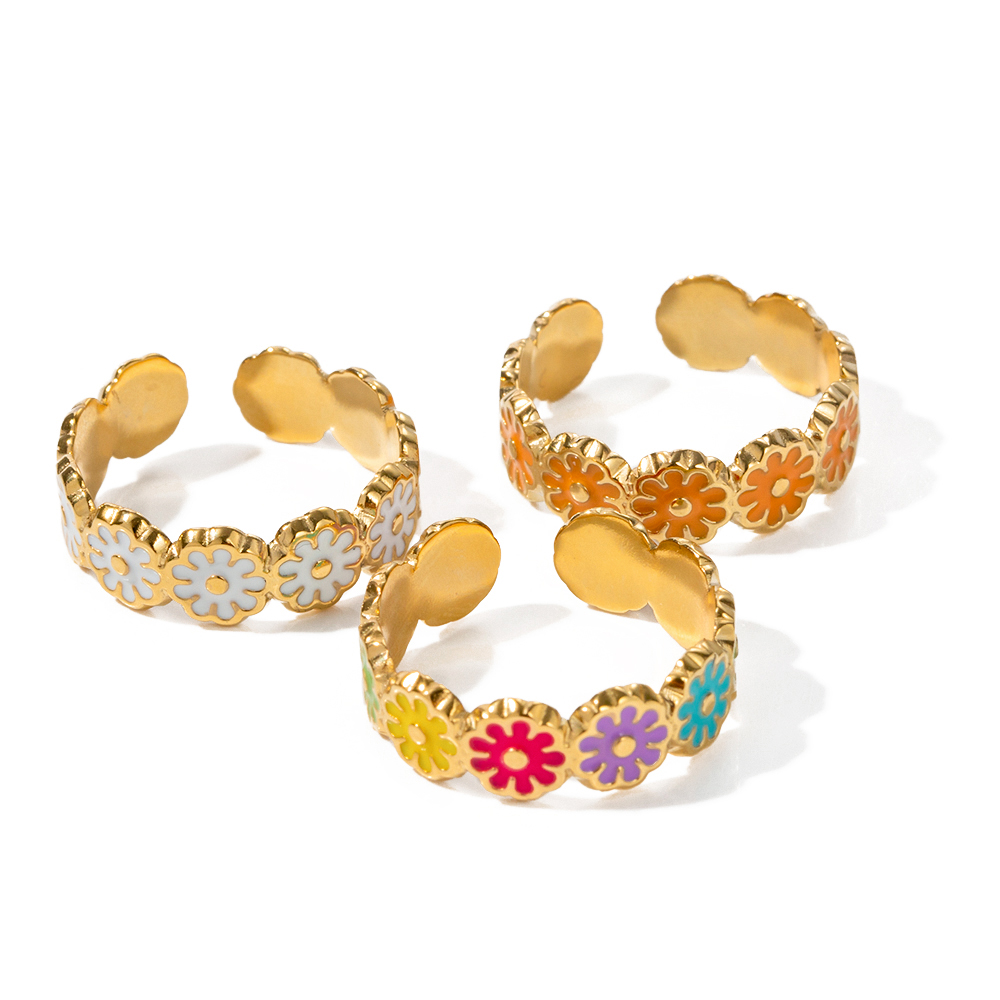 Vacation Flower Stainless Steel Enamel 18k Gold Plated Rings display picture 3