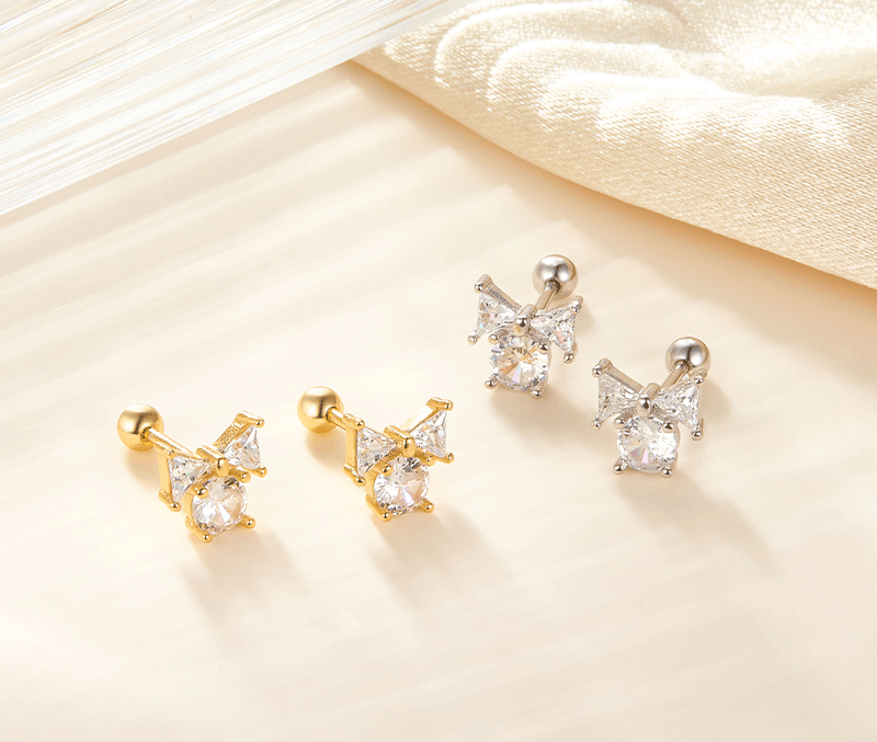1 Pair Simple Style Commute Shiny Bow Knot Plating Hollow Out Inlay Sterling Silver Zircon 18k Gold Plated White Gold Plated Ear Studs display picture 1