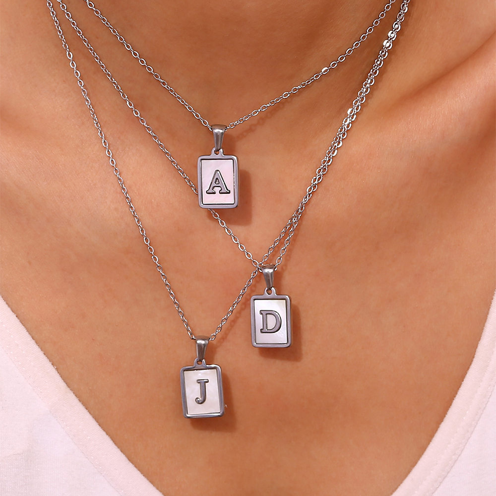 Simple Style Letter Square Stainless Steel Inlay Shell Pendant Necklace display picture 5