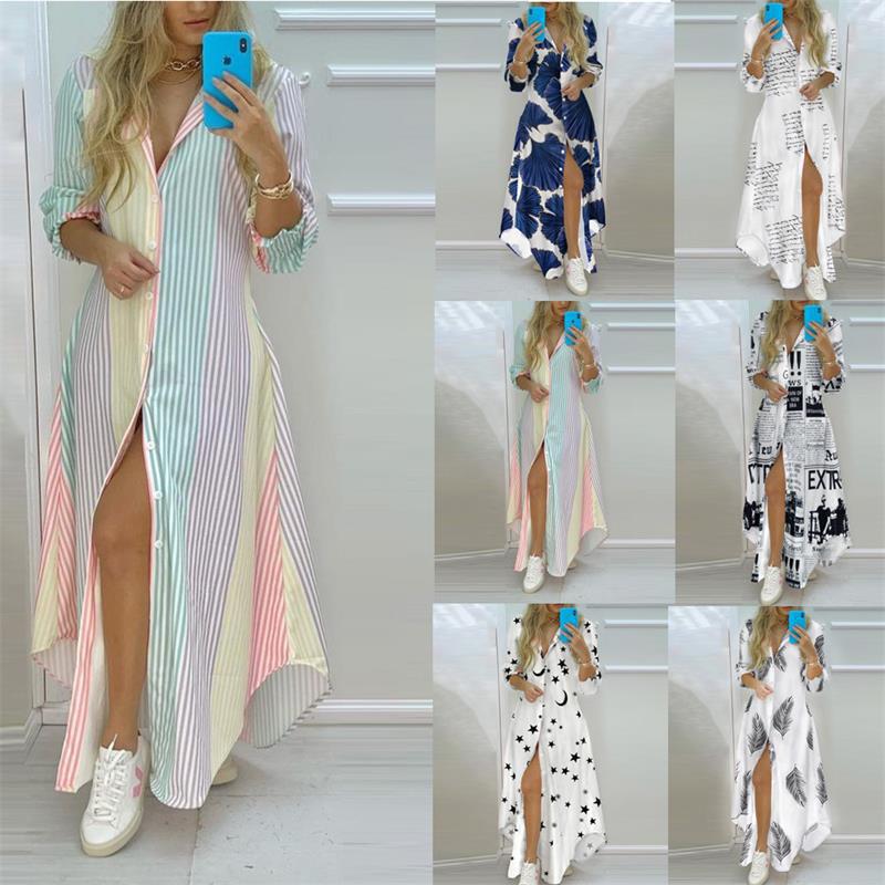 Women's Shirt Dress Elegant Classic Style Shirt Collar Slit 3/4 Length Sleeve Printing Geometric Letter Maxi Long Dress Casual Outdoor Daily display picture 1