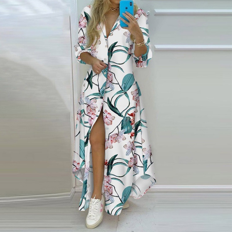 Women's Shirt Dress Elegant Classic Style Shirt Collar Slit 3/4 Length Sleeve Printing Geometric Letter Maxi Long Dress Casual Outdoor Daily display picture 6