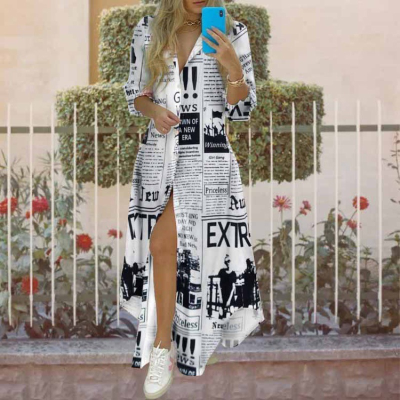 Women's Shirt Dress Elegant Classic Style Shirt Collar Slit 3/4 Length Sleeve Printing Geometric Letter Maxi Long Dress Casual Outdoor Daily display picture 9
