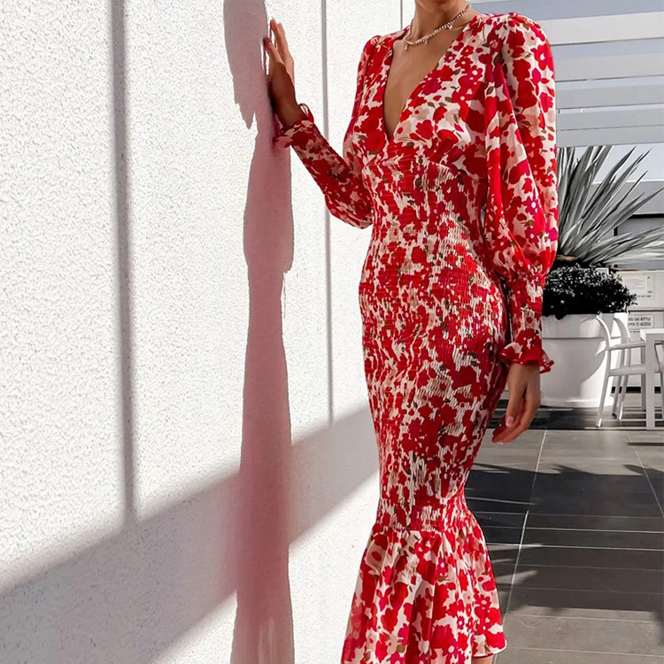 Women's Regular Dress Elegant V Neck Long Sleeve Ditsy Floral Midi Dress Holiday Travel Selfie display picture 1