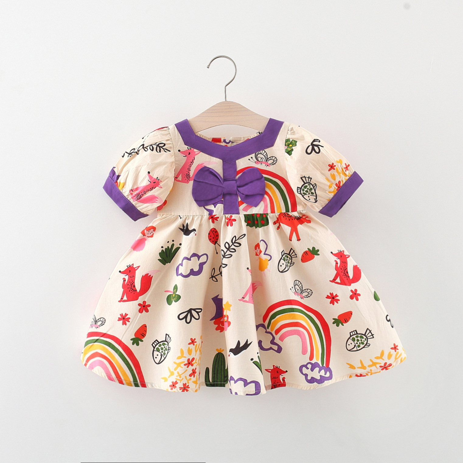 Casual Princess Pastoral Clouds Animal Rainbow Bowknot Cotton Girls Dresses display picture 12