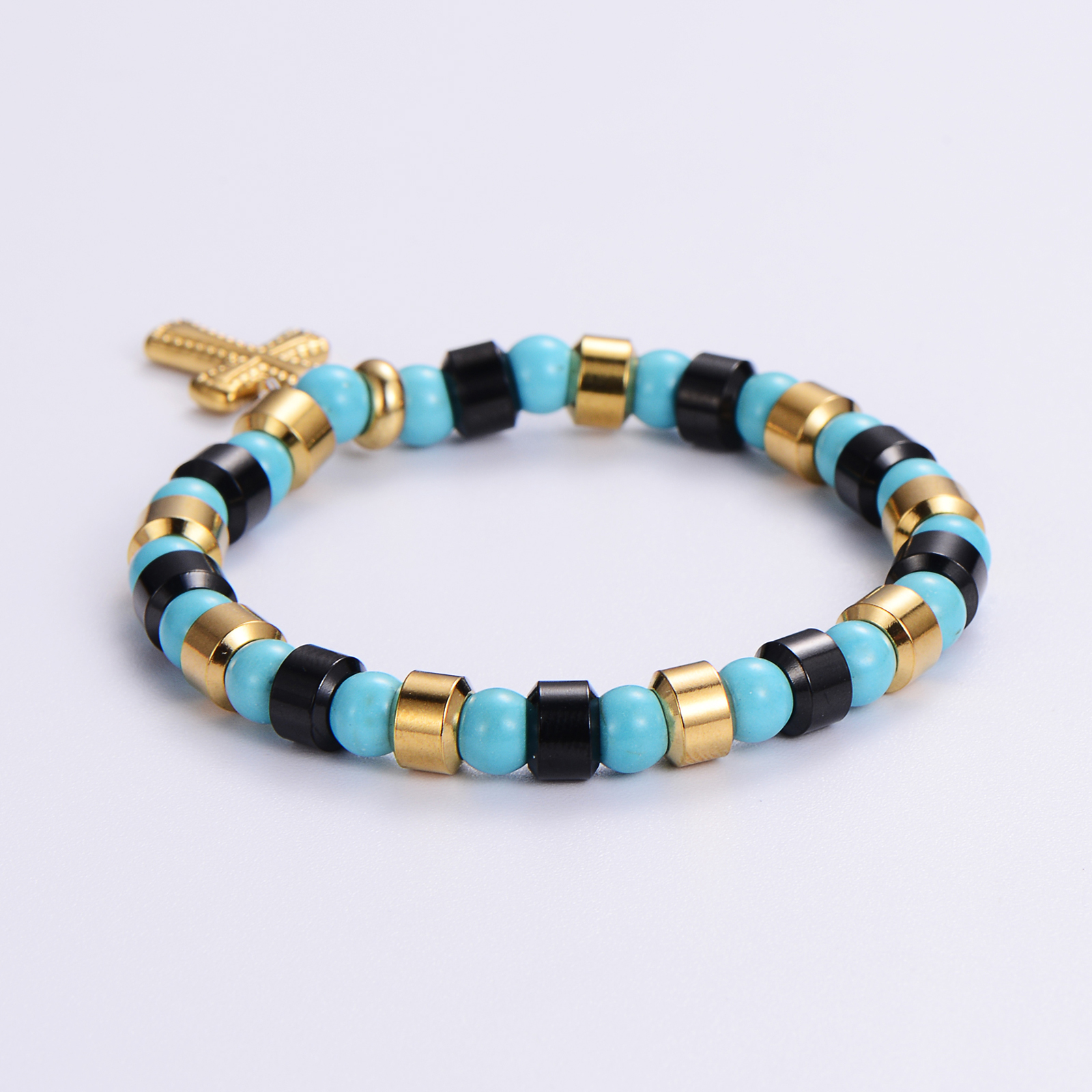 Punk Streetwear Cross Stainless Steel Turquoise Resin Plating 24k Gold Plated Bracelets display picture 2