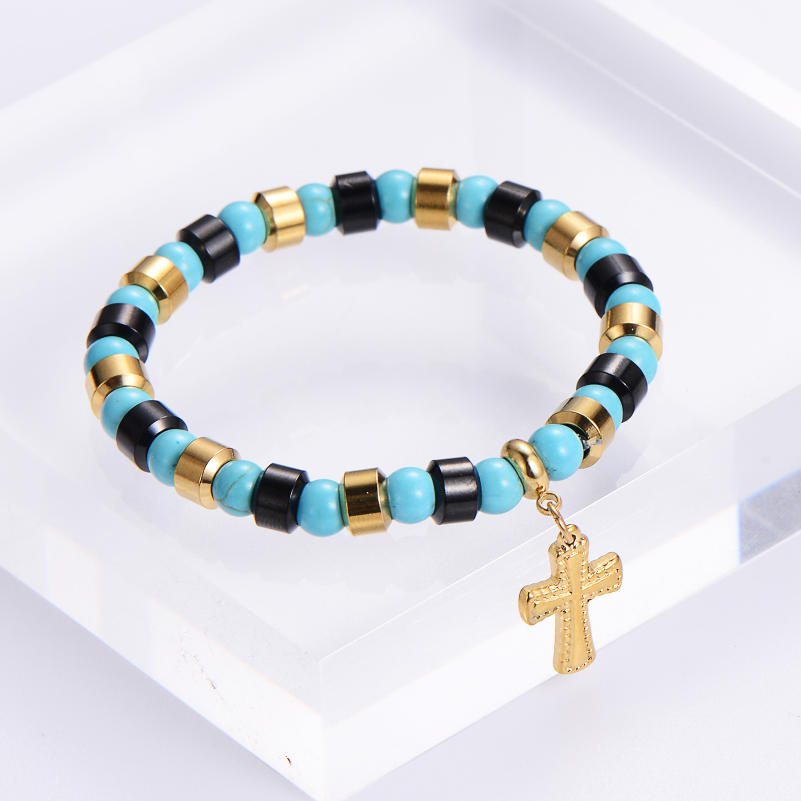 Punk Streetwear Cross Stainless Steel Turquoise Resin Plating 24k Gold Plated Bracelets display picture 1