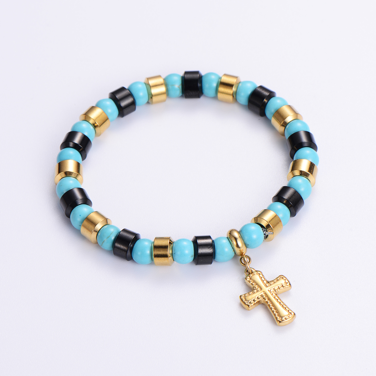 Punk Streetwear Cross Stainless Steel Turquoise Resin Plating 24k Gold Plated Bracelets display picture 3