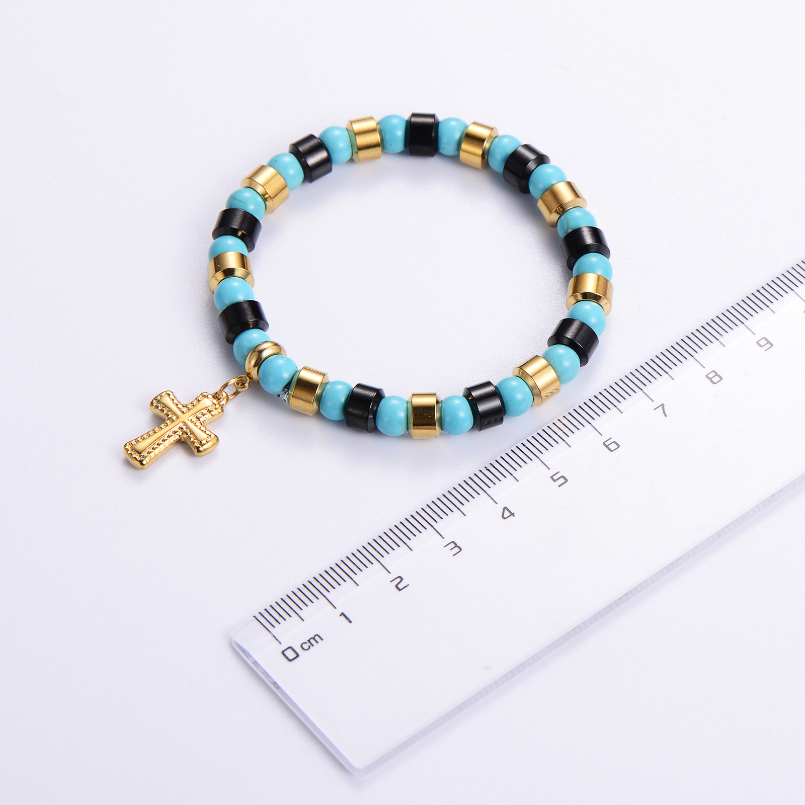 Punk Streetwear Cross Stainless Steel Turquoise Resin Plating 24k Gold Plated Bracelets display picture 4