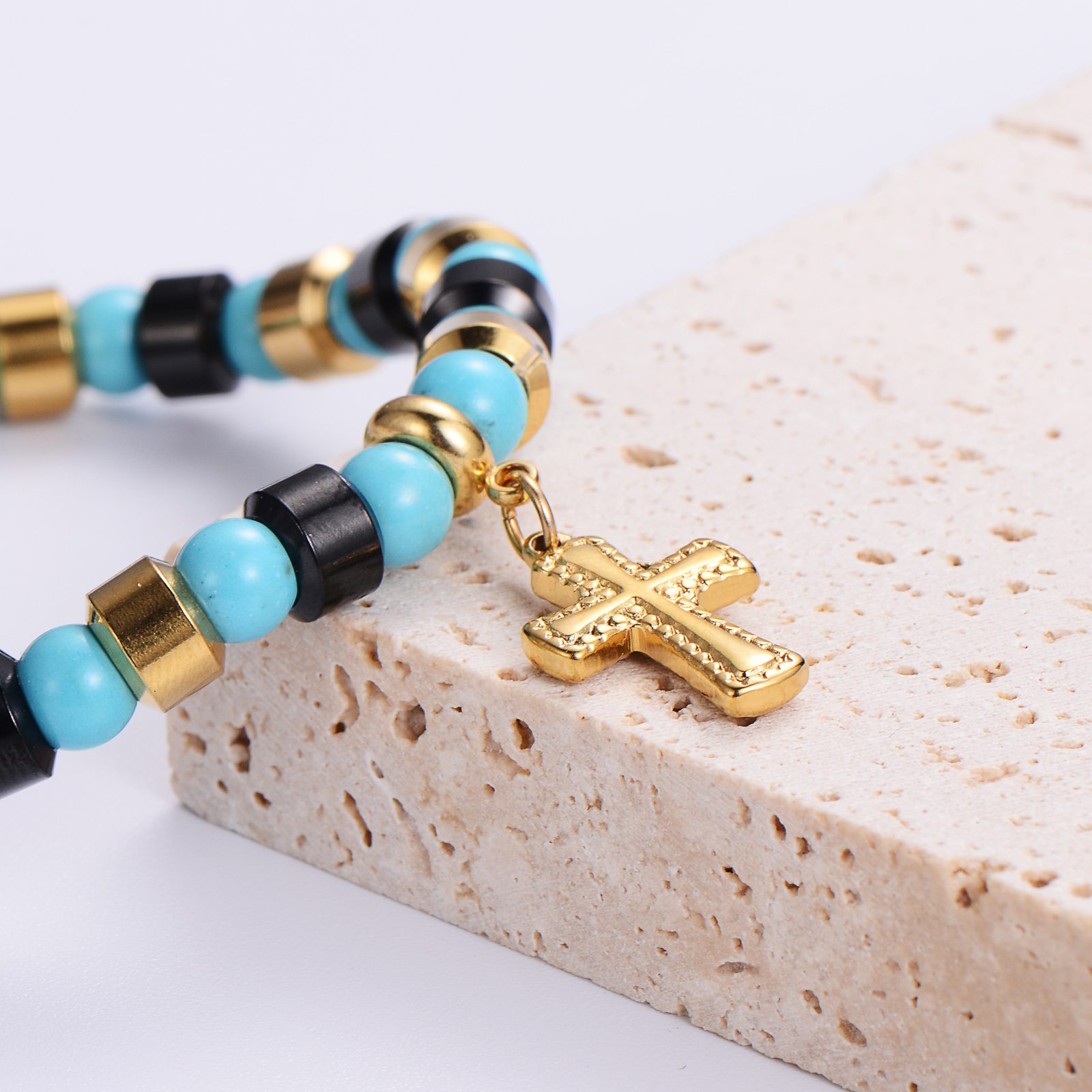 Punk Streetwear Cross Stainless Steel Turquoise Resin Plating 24k Gold Plated Bracelets display picture 5