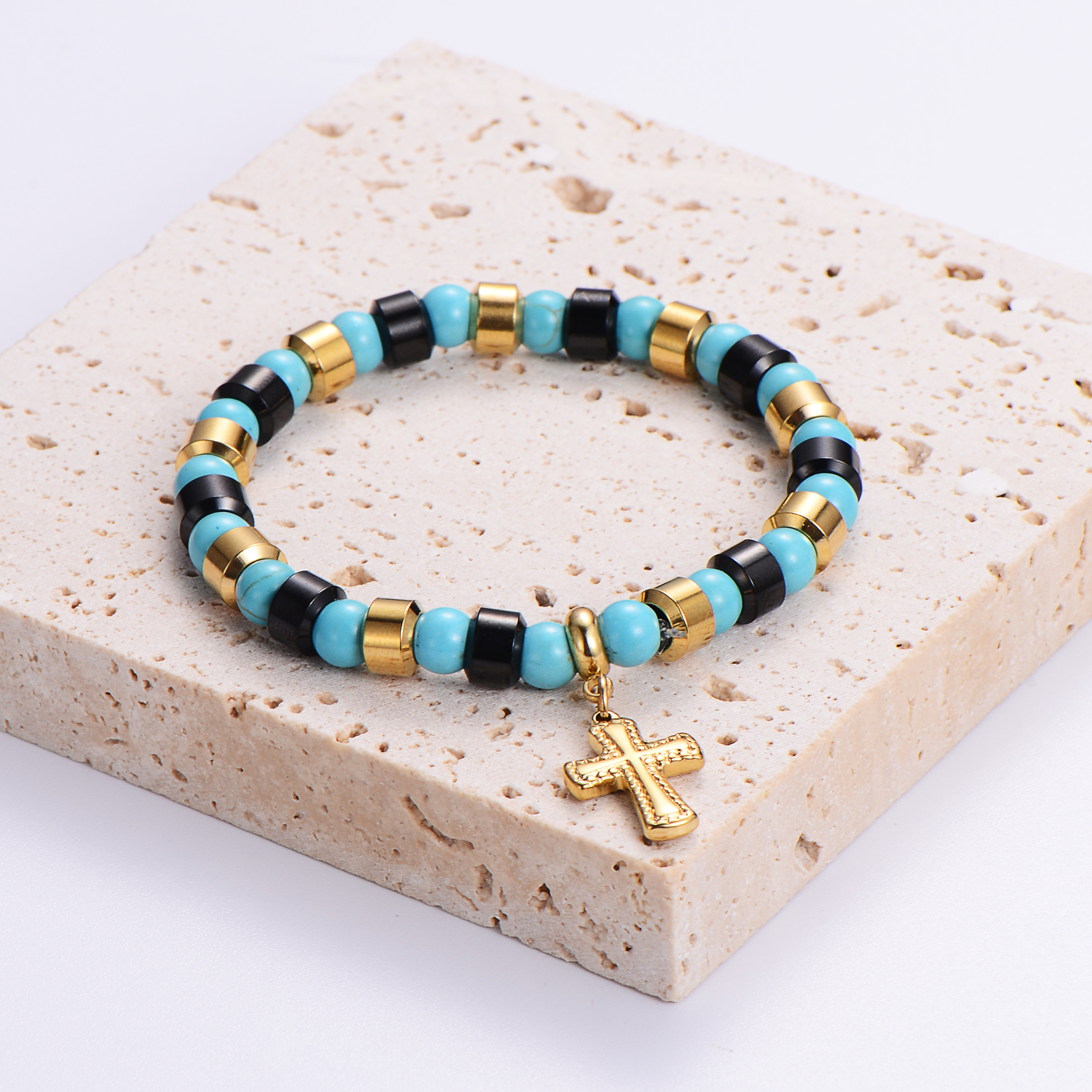 Punk Streetwear Cross Stainless Steel Turquoise Resin Plating 24k Gold Plated Bracelets display picture 6