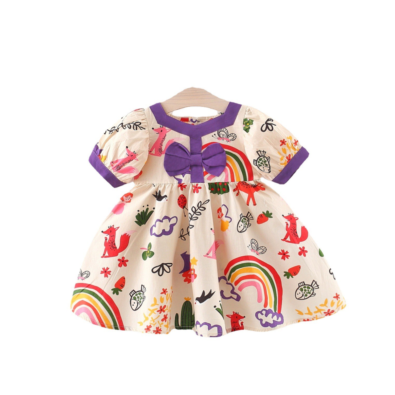 Casual Princess Pastoral Clouds Animal Rainbow Bowknot Cotton Girls Dresses display picture 11
