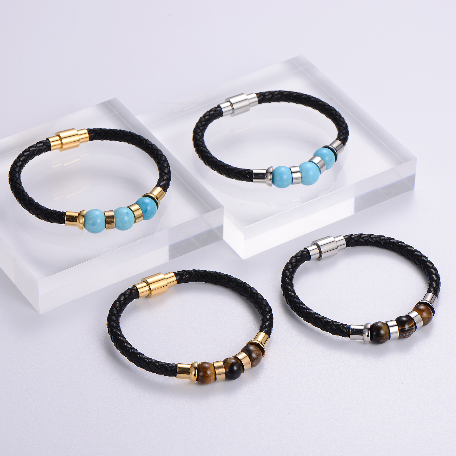 Casual Multicolor Stainless Steel Pu Leather Natural Stone 18K Gold Plated No Inlaid Wristband Bracelets In Bulk display picture 7