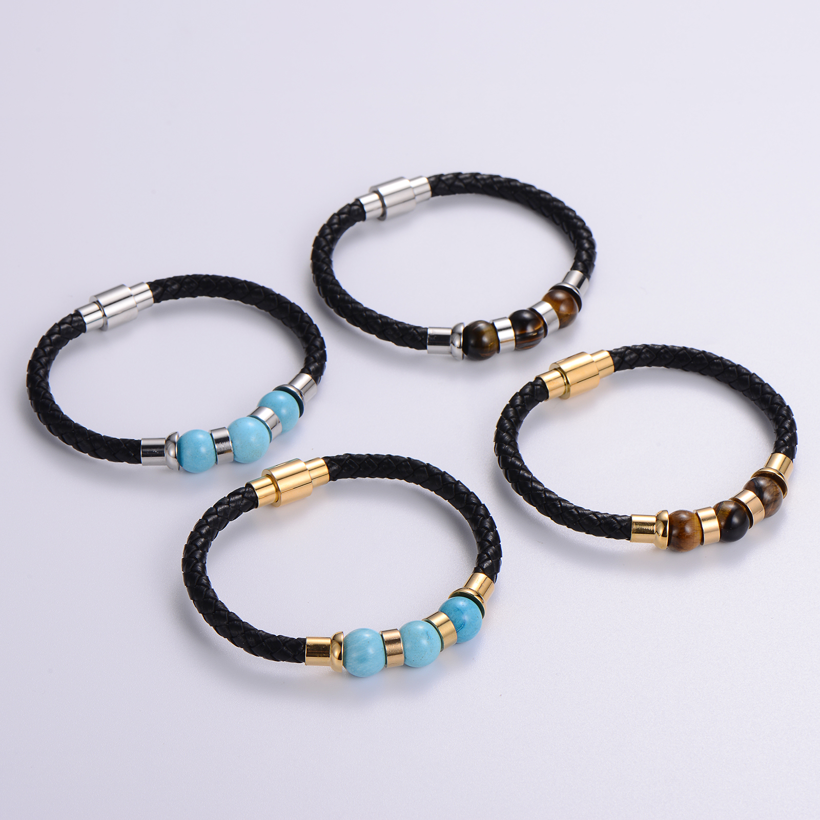Casual Multicolor Stainless Steel Pu Leather Natural Stone 18K Gold Plated No Inlaid Wristband Bracelets In Bulk display picture 6