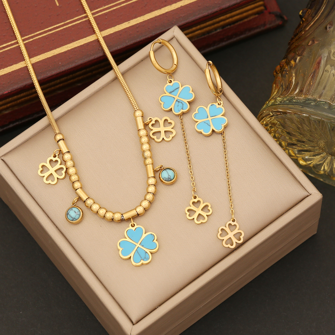 Stainless Steel 18K Gold Plated Elegant Plating Inlay Flower Turquoise Bracelets Earrings Necklace display picture 1