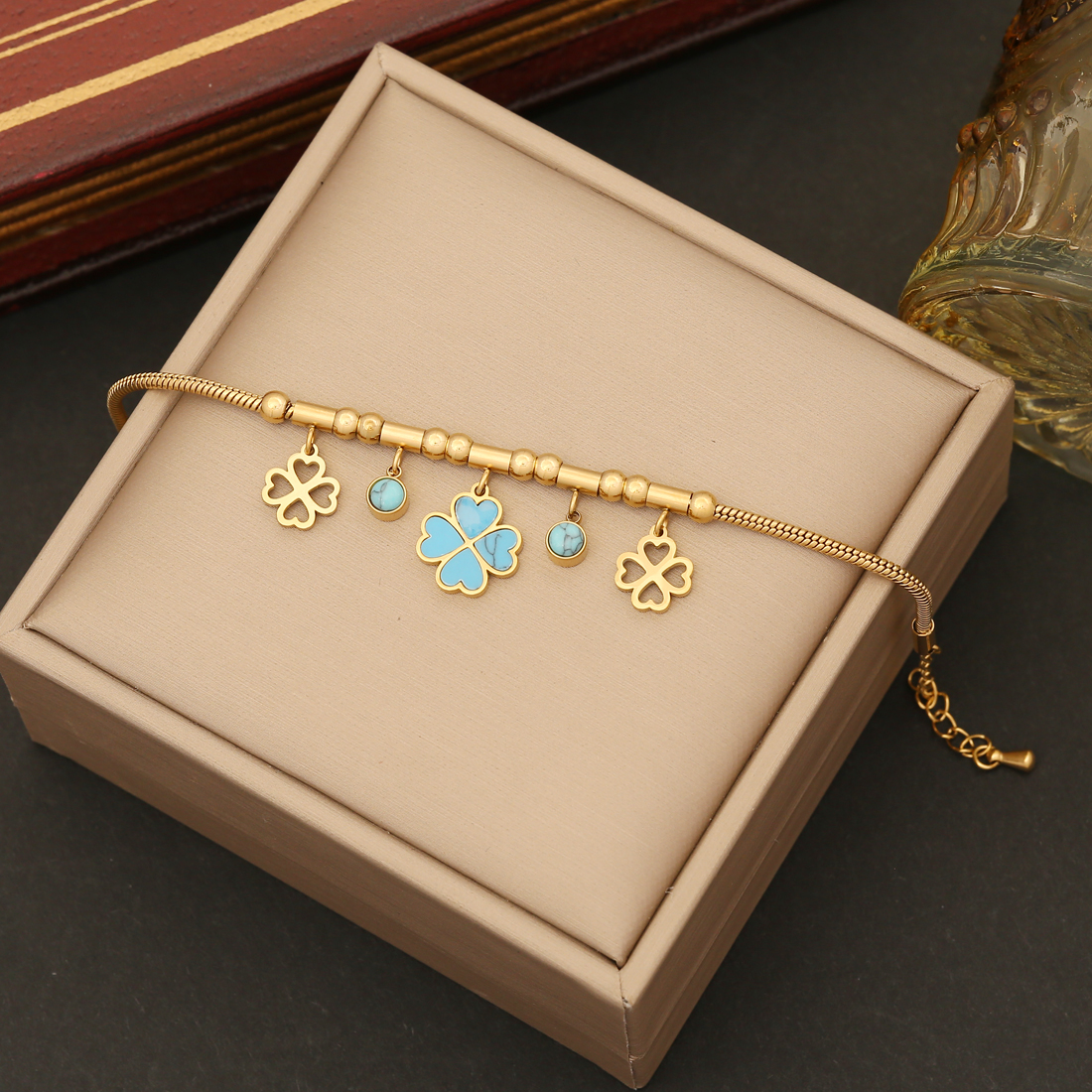Stainless Steel 18K Gold Plated Elegant Plating Inlay Flower Turquoise Bracelets Earrings Necklace display picture 5