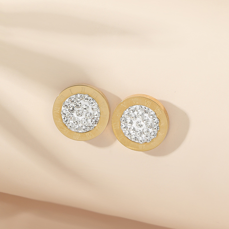 1 Pair Elegant Lady Round Inlay Stainless Steel Rhinestones 18K Gold Plated Ear Studs display picture 2